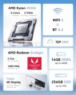 KAMRUI Pinova P1 Mini PC Computer, AMD Ryzen 4300U Processor, 16GB DDR4 RAM 256GB M.2 SSD, Mini Desktop Computer Support Triple 4K, USB-C, WiFi, Bluetooth, Ethernet, HTPC for Business, Education, Home - Image 2