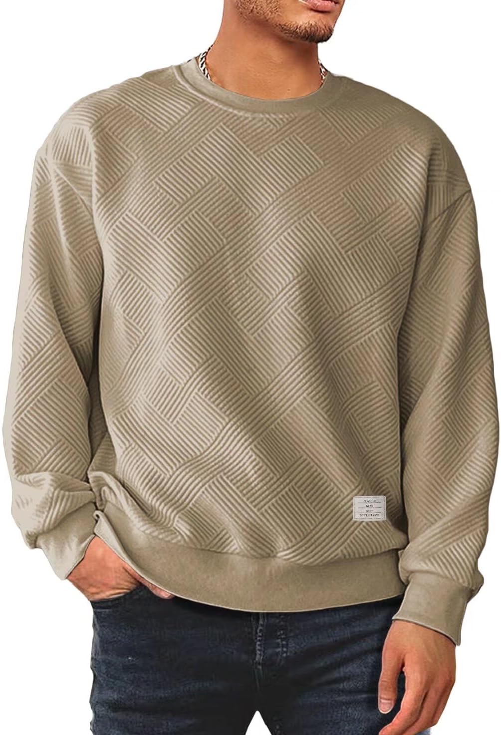 Men's Crewneck Sweatshirts Soild Color Geometric Texture Long Sleeve Casual Men's Crewneck Sweatshirts Soild Color Geometric Texture Long Sleeve Casual Pullover Shirt