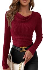 PRETTYGARDEN Women's Long Sleeve Cowl Neck Ribbed Knit Spring Shirts Slim Fit Ruched Going Out Crop Tops Basic T-Shirts