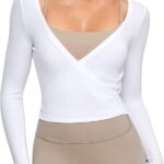 Womens V-Neck Long Sleeve Cross Wrap Top Slim Fit Soft Knit Layering Shirt Casual Yoga Gym Bandage Tie Tops