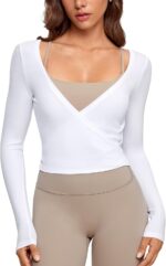 Womens V-Neck Long Sleeve Cross Wrap Top Slim Fit Soft Knit Layering Shirt Casual Yoga Gym Bandage Tie Tops