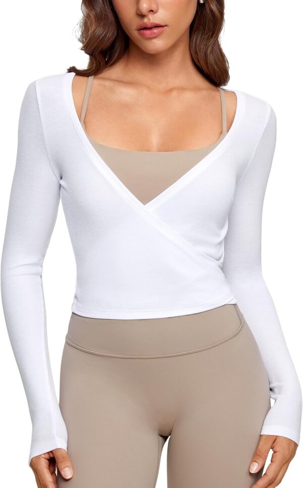 Womens V-Neck Long Sleeve Cross Wrap Top Slim Fit Soft Knit Layering Shirt Casual Yoga Gym Bandage Tie Tops