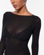 INLYRIC Women's Cosnufy Mesh Sheer Long Sleeve Tops See Through Boat Neck Going Out Tops Trendy Sexy Shirts - Image 3