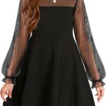 Suggest a better title and return a single title only without any other comments: Arshiner Girl's Contrast Mesh Puff Long Sleeve High Waist A Line Short Dress with Pockets for 6-13 Years