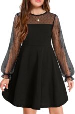 Suggest a better title and return a single title only without any other comments: Arshiner Girl's Contrast Mesh Puff Long Sleeve High Waist A Line Short Dress with Pockets for 6-13 Years