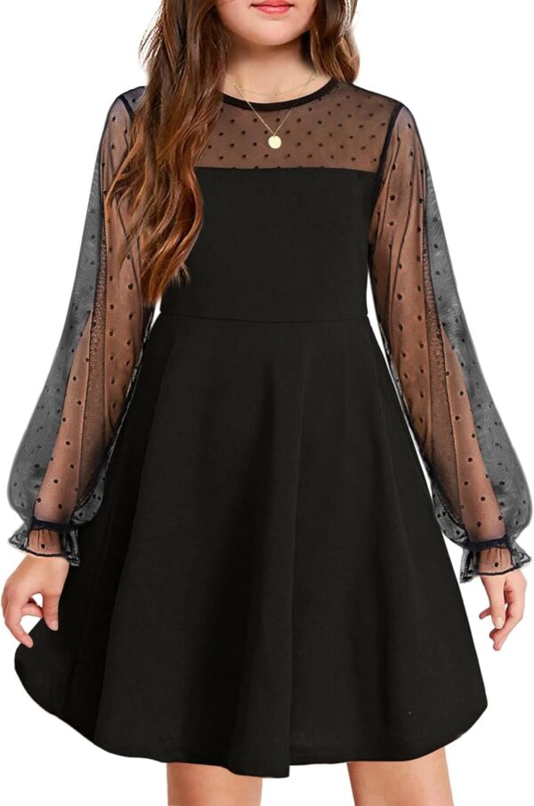 Suggest a better title and return a single title only without any other comments: Arshiner Girl's Contrast Mesh Puff Long Sleeve High Waist A Line Short Dress with Pockets for 6-13 Years
