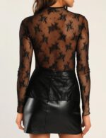 AKEWEI Womens Mesh Long Sleeve Tops Crew Neck Sexy See Through Tee Shirts Party Club Night Lace Blouse - Image 2