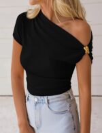 ZESICA Women's 2026 Summer Off Shoulder Tops Going Out Sexy Y2k Shirts Spring Cap Sleeve Ruched Asymmetrical Blouses - Image 2