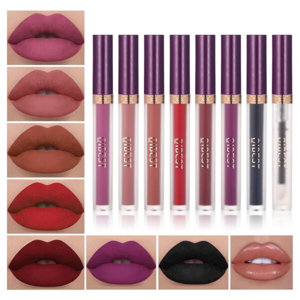 QiBest 7Pcs Matte Liquid Lipstick wiith 1Pc Lip Plumper Makeup Set, Dark Black Purple Lipstick Goth Halloween Lip Set Waterproof Lip Gloss Kit, Long Lasting Valentine Lipsticks Gift for Women & Girls