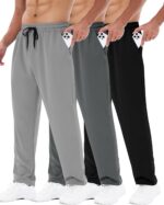 3 Pack Mens Sweatpants with Pockets - Mesh Open Bottom Athletic Joggers for Men Loose Fit Gym Workout Running Casual Pants
