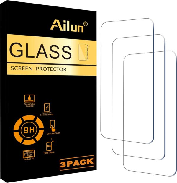 Ailun Screen Protector for iPhone 16 / iPhone 15 / iPhone 15 Pro [6.1 Inch] Display 3 Pack Tempered Glass, Dynamic Island Compatible, Case Friendly [Not for iPhone 16 Pro 6.3 Inch]. | 6.1 Inch, Display, Case Friendly