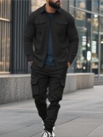 Men's Fleece Cargo Jacket Tracksuit Set 2 Pieces Solid Color Long Sleeve Button up Jacket and Cargo Pants Set - Image 5