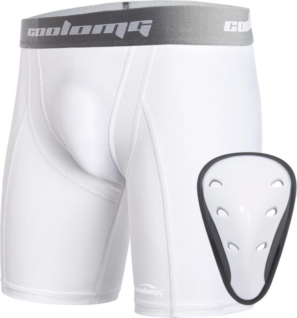 COOLOMG Youth Boys Compression Shorts with Protective Cup Sliding Underwear for Baseball Football Lacrosse Hockey