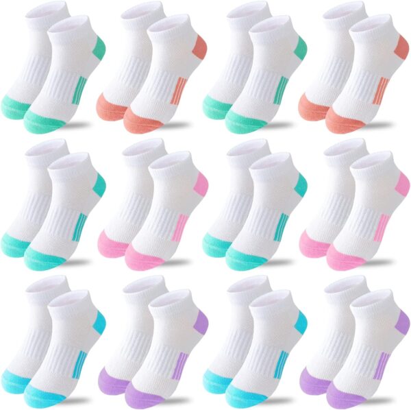 Suggest a better title and return a single title only without any other comments: Bemeol Girls Socks 12 Pairs Ankle Athletic Socks Cotton Sports Sock For Little Big Kids