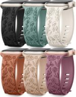 SNBLK 6 Pack Floral Engraved Bands Compatible with Apple Watch Bands 40mm 41mm 42mm 38mm 44mm 45mm 46mm 49mm Women Men, Silicone Flower Pattern Strap for iWatch Series 11 10 Se Ultra 9 8 7 6 5 4 3 2 1