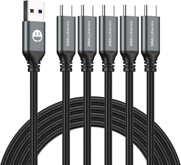 USB Type-C to A Cable 5pack 6ft Braided Fast Charging 3A Quick Charger Cord, 6 Foot Compatible iPhone 17/17 Pro/16e/16/15 Pro Max,Samsung Galaxy S10 S9 S8 Plus, Note 10 9 8, LG V50 V40 G8 G7(Grey)