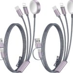 2Pack Multi Charging Cable Cord for Travel Essentials,Apple Watch Charger,iPhone Charger,[3-in-2] Type C/Lightning Cable Portable Designed for iWatch,iPhone 17-8,Galaxy S25-21,AirPods,iPad-1.5M Gray