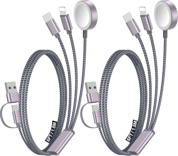 2Pack Multi Charging Cable Cord for Travel Essentials,Apple Watch Charger,iPhone Charger,[3-in-2] Type C/Lightning Cable Portable Designed for iWatch,iPhone 17-8,Galaxy S25-21,AirPods,iPad-1.5M Gray