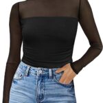 Womens Sexy Mesh Long Sleeve Shirts Fashion Clothing Turtle Necks Sheer Ruched Going Out Tops Fall Outfits Slim Fit Blouses