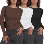 MLYENX 3 Pack Womens Long Sleeve Shirts Crew Neck Basic Stretchy Fitted Y2K Tops Going Out Fashion Clothes