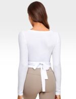 Womens V-Neck Long Sleeve Cross Wrap Top Slim Fit Soft Knit Layering Shirt Casual Yoga Gym Bandage Tie Tops - Image 2