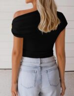 ZESICA Women's 2026 Summer Off Shoulder Tops Going Out Sexy Y2k Shirts Spring Cap Sleeve Ruched Asymmetrical Blouses - Image 3