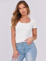 ANRABESS Women Short Sleeve Tops Scoop Neck Ribbed Knit Slim Fitted Basic Tee Shirt Casual Summer Clothes 2026 Spring Outfits - Image 2