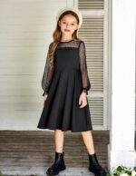 Suggest a better title and return a single title only without any other comments: Arshiner Girl's Contrast Mesh Puff Long Sleeve High Waist A Line Short Dress with Pockets for 6-13 Years - Image 8