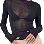 Women's Sheer Mesh Long Sleeve T Shirts Boat Neck Slim Fit Tee Tops Going Out See Through Shirts