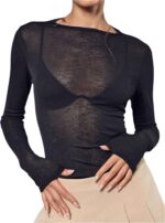 Women's Sheer Mesh Long Sleeve T Shirts Boat Neck Slim Fit Tee Tops Going Out See Through Shirts