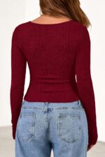 PRETTYGARDEN Women's Long Sleeve Cowl Neck Ribbed Knit Spring Shirts Slim Fit Ruched Going Out Crop Tops Basic T-Shirts - Image 5