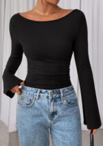 PRETTYGARDEN Womens Long Sleeve Shirts 2026 Spring Crop Going Out Tops Casual Boat Neck Bell Sleeve Ribbed Ruched Y2K Clothes - Image 8