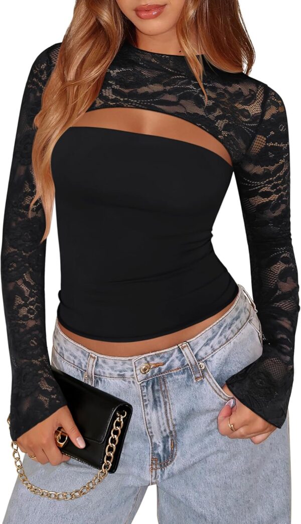 Women's Lace Long Sleeve Going Out Tops Sexy Y2K Crew Neck Cutout Double Lined Slim Night Out Shirts