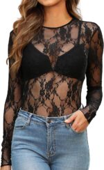 OFEEFAN Womens Mesh Tops Lace Long Sleeve Shirts Crewneck Slim Fitted Outfits See Through Blouses - Image 2