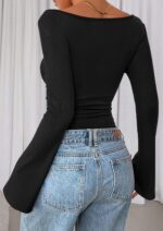 PRETTYGARDEN Womens Long Sleeve Shirts 2026 Spring Crop Going Out Tops Casual Boat Neck Bell Sleeve Ribbed Ruched Y2K Clothes - Image 6