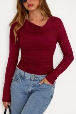 PRETTYGARDEN Women's Long Sleeve Cowl Neck Ribbed Knit Spring Shirts Slim Fit Ruched Going Out Crop Tops Basic T-Shirts - Image 6