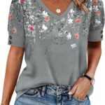 OFEEFAN Womens Tops Short Sleeve Shirts Buttons V Neck Spring Fashion Summer Outfits Plus Size Blouses Dressy Casual