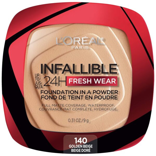 Suggest a better title and return a single title only without any other comments: L'Oreal Paris Makeup Infallible Fresh Wear Foundation in a Powder, Up to 24H Wear, Waterproof, Golden Beige, 0.31 oz.