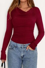 PRETTYGARDEN Women's Long Sleeve Cowl Neck Ribbed Knit Spring Shirts Slim Fit Ruched Going Out Crop Tops Basic T-Shirts - Image 2