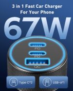 USB C Car Charger, 3-Port 67W Dual USB-C & USB-A Car Power Adapter PD/QC Fast Charging Cigarette Lighter for iPhone 17/16/15/14/13/12/11 Pro Max, iPad, Samsung Galaxy S25 S24/S23/S22, Pixel, Android - Image 3