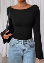 PRETTYGARDEN Womens Long Sleeve Shirts 2026 Spring Crop Going Out Tops Casual Boat Neck Bell Sleeve Ribbed Ruched Y2K Clothes - Image 4