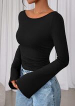 PRETTYGARDEN Womens Long Sleeve Shirts 2026 Spring Crop Going Out Tops Casual Boat Neck Bell Sleeve Ribbed Ruched Y2K Clothes - Image 3