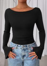 PRETTYGARDEN Womens Long Sleeve Shirts 2026 Spring Crop Going Out Tops Casual Boat Neck Bell Sleeve Ribbed Ruched Y2K Clothes - Image 7