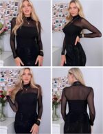 Zeagoo Womens Mesh Sheer Long Sleeve Top Mock Turtle Neck See Though Shirts Ruched Sexy Casual Going Out Blouses - Image 3