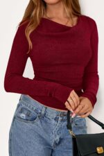 PRETTYGARDEN Women's Long Sleeve Cowl Neck Ribbed Knit Spring Shirts Slim Fit Ruched Going Out Crop Tops Basic T-Shirts - Image 7