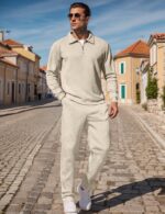UOUA Mens 2 Piece Set Casual Outfits Polo Long Sleeve Shirt & Pants Tracksuit Loungewear Athletic Jogger Sweatsuit - Image 2