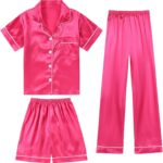 DIPUG 3 Piece Girls Silk Pajamas Set Soft Satin PJs Sleepwear for Comfortable Nights