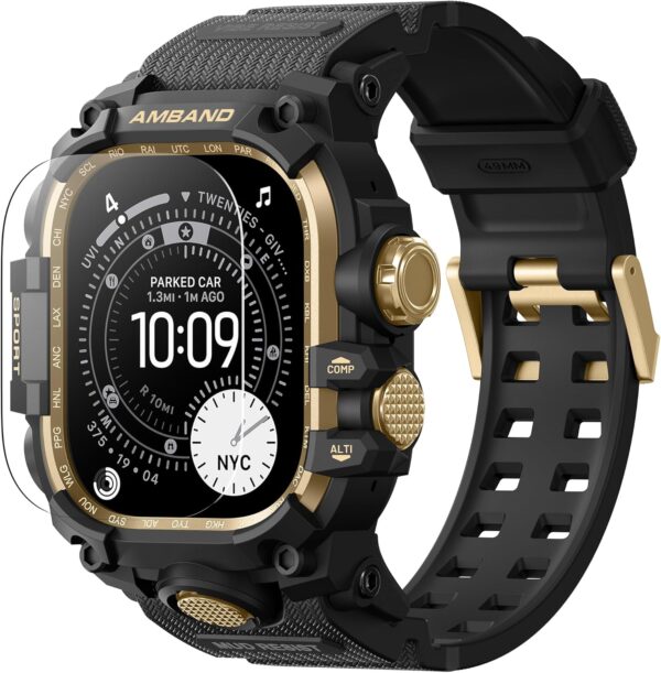 amBand Rugged Case with Band for Apple Watch Ultra 3/2/1 49mm, M3 Military Grade Shockproof Cover, Includes Screen Protector Kit, Tactical Band for Men - Compatible with iWatch Ultra, Black Gold