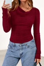 PRETTYGARDEN Women's Long Sleeve Cowl Neck Ribbed Knit Spring Shirts Slim Fit Ruched Going Out Crop Tops Basic T-Shirts - Image 3