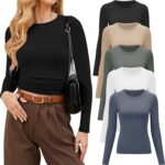 CE' CERDR 3/5 Pack Womens Long Sleeve Shirts Crew Neck Basic Tees Tight Fitted Casual Going Out Stretchy Slim Tops